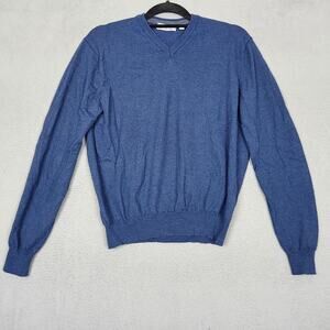 Toscano Firenze Sweater Mens Medium Blue Merino Wool V Neck Pullover Knit Soft